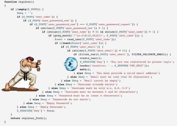 Street Fighter's RYU throwing a hadouken to a piece of PHP code that's indented like a pyramid. It looks like the energy ball is stretching the source code.